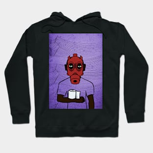 Pixelated Male Character with Green Eyes and Dark Skin Holding Toilet Paper on Waves Background Hoodie